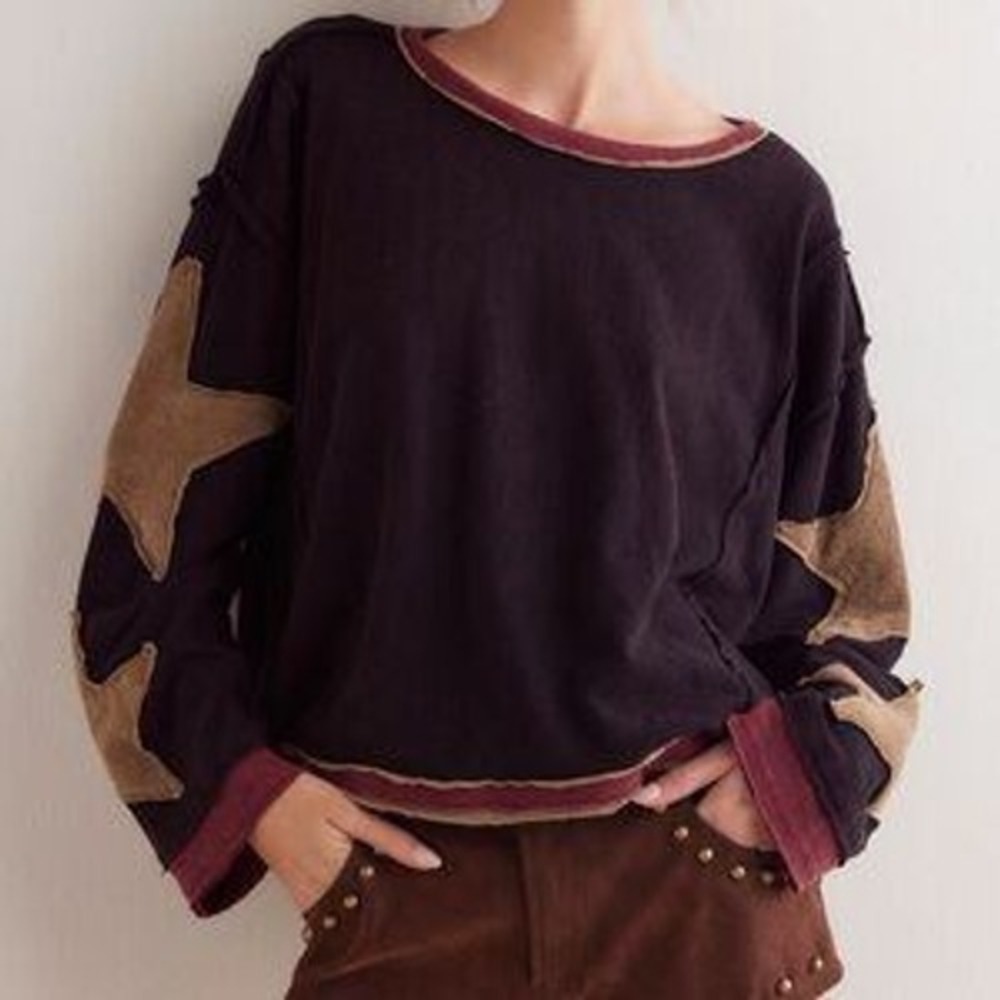 We The Free People You're A Star Tee Black Combo Top Small Patch Long Sleeve